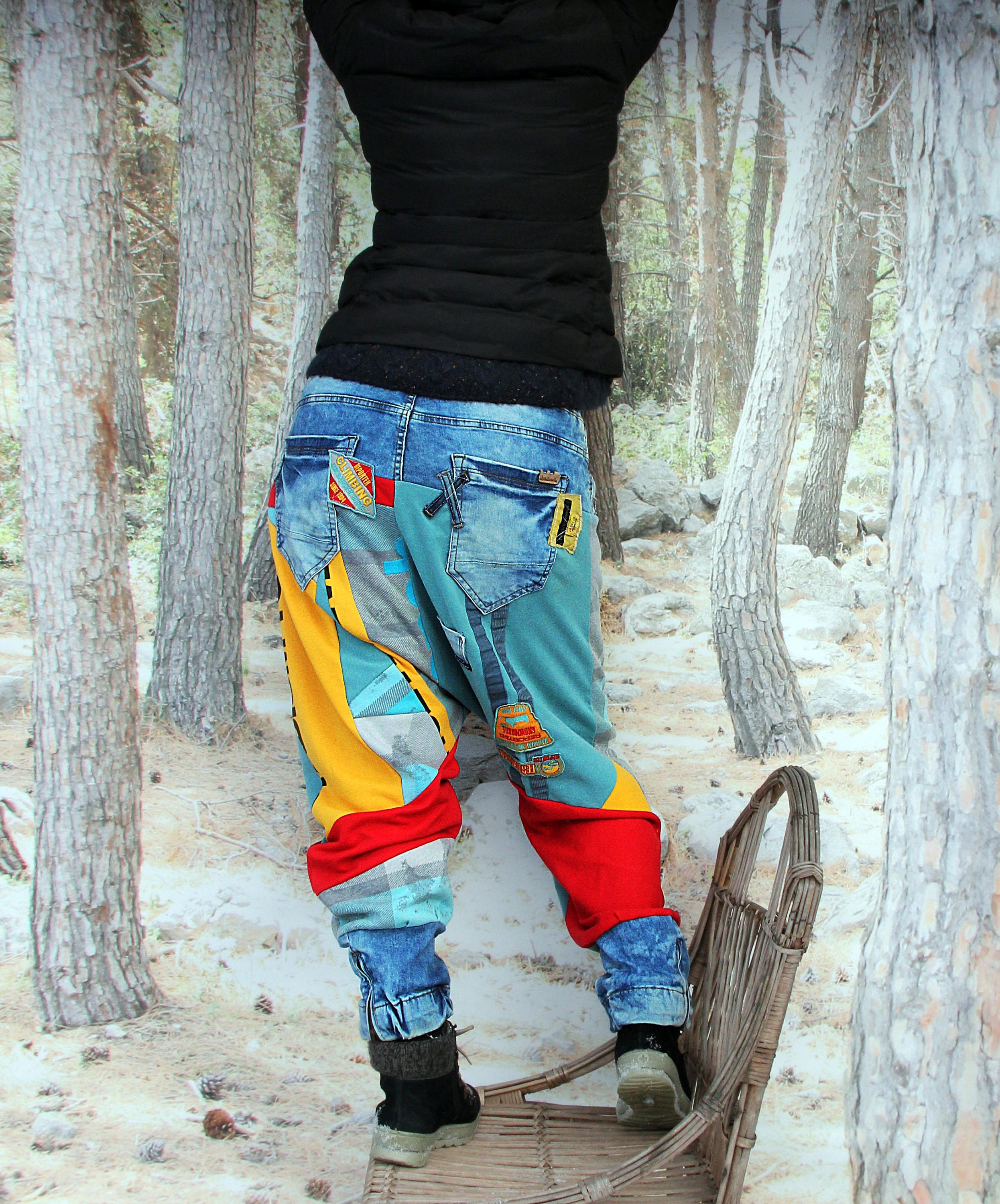 M-L Crazy Yoga Denim Pants Pop Art Printed Recycled Patchwork Hippie Boho  Style -  UK