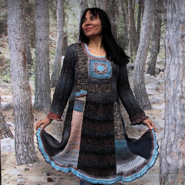 M/L Earth colours pulls patchwork et ourlet et décolleté tricotés à la main automne hiver robe tunique boho boho lagenlook style hippie