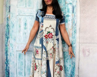 M-M/L Floral embroidered shabby chic crochet, lace and thin blue denim recycled long dress  very boho hippie lagenlook style