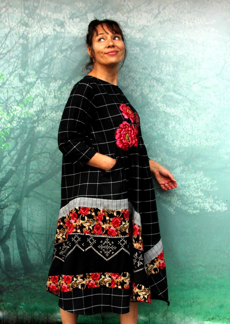 L-LXL Roses appliqued grid dress recycled hippie boho romantic