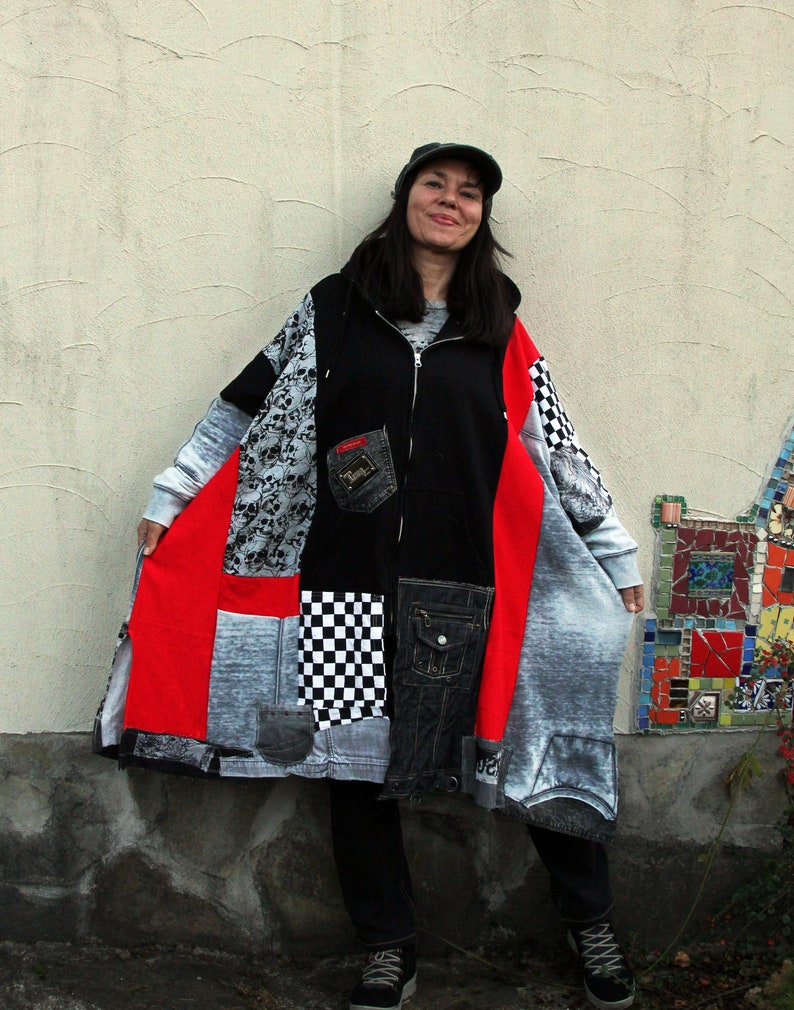 XL-XXL Plus size crazy recycled hooded coat grey denim pop art hippie boho