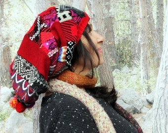 Crazy patchwork appliqued  recycled sweaters slouch hat beanie hat hippie boho