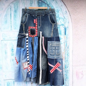 L Crazy boho denim recyclé jupe hippie boho street fashion style