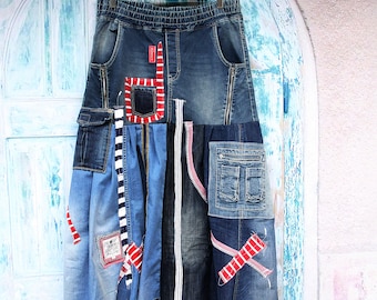 L Crazy boho denim recycled  skirt hippie bohemian street fashion style