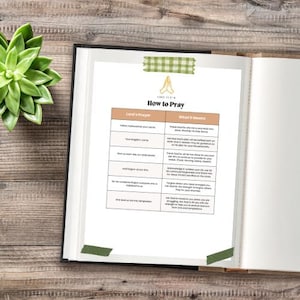 May include: Open book with a printed page titled "How to Pray" with a table of text. The page is taped to the book with green washi tape. A green succulent plant is in the upper left corner.
