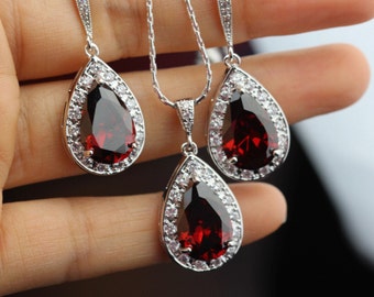 garnet red bridal jewelry set wedding red jewelry set earring and necklace set bridesmaid jewelry