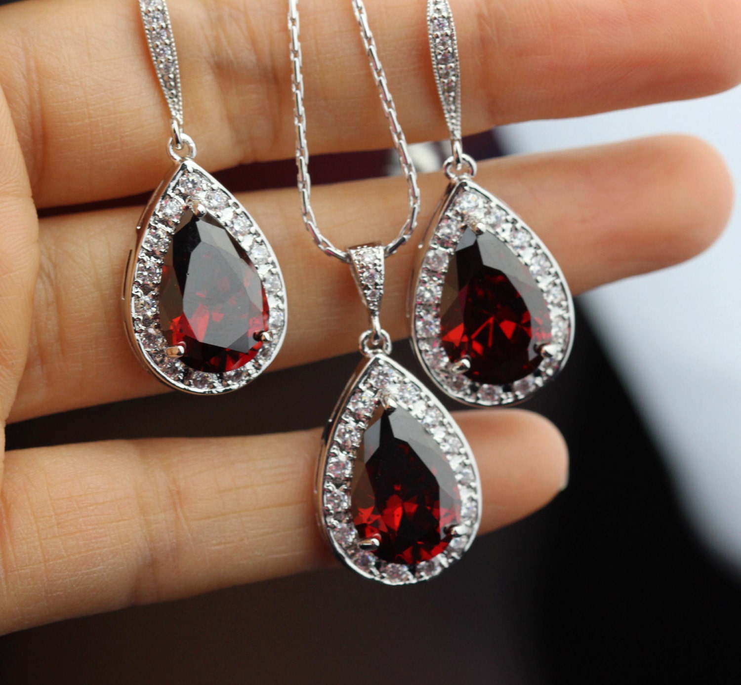 Garnet Red Bridal Jewelry Set Wedding Red Jewelry Set Earring - Etsy