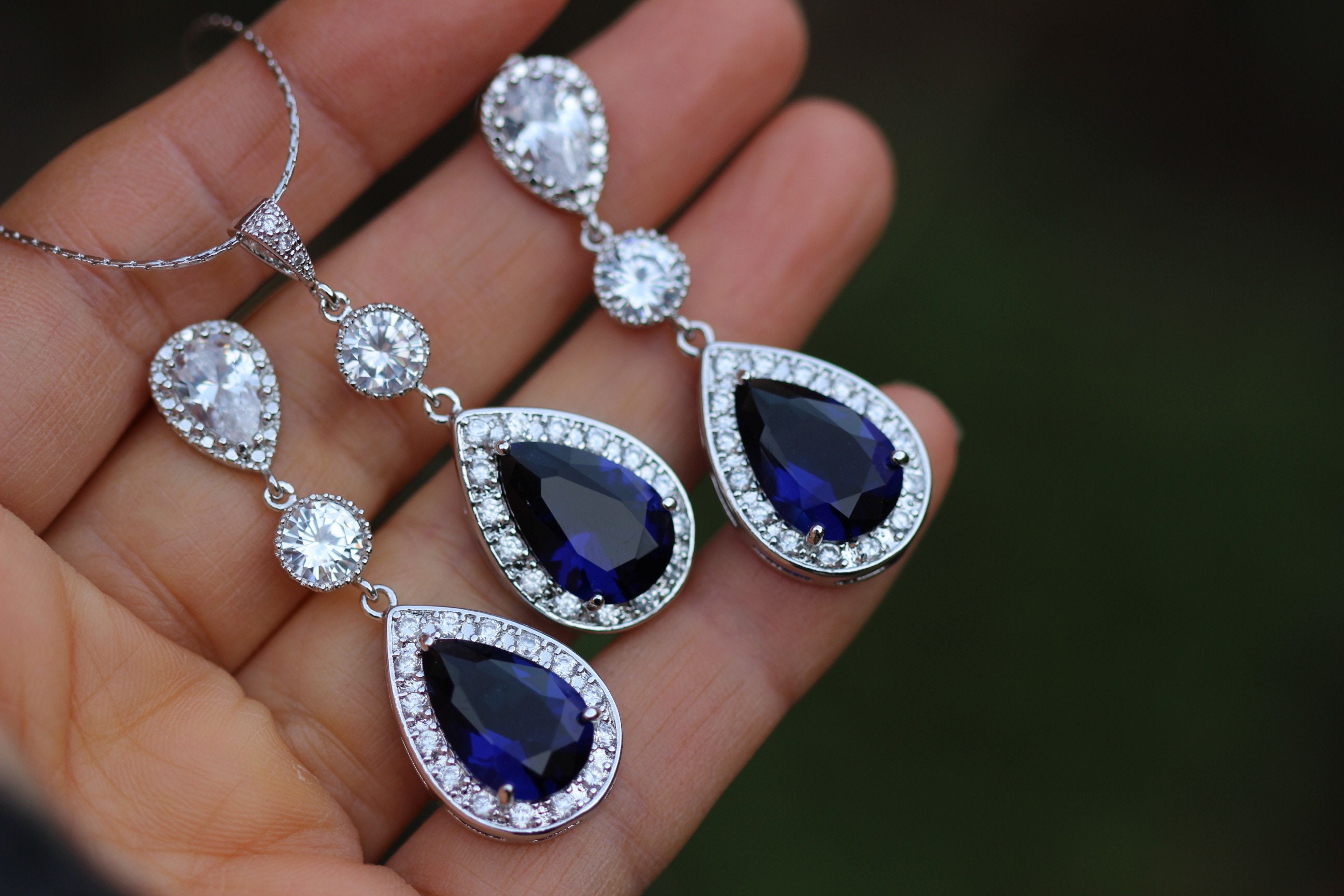 Blue earring necklace set bridal Sapphire jewelry set blue Etsy