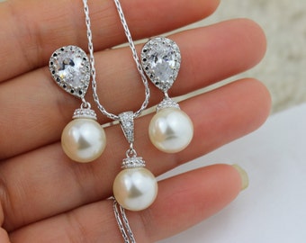 cream pearl set pearl jewelry set bridal jewelry set ivory jewelry set bridesmaid jewelry
