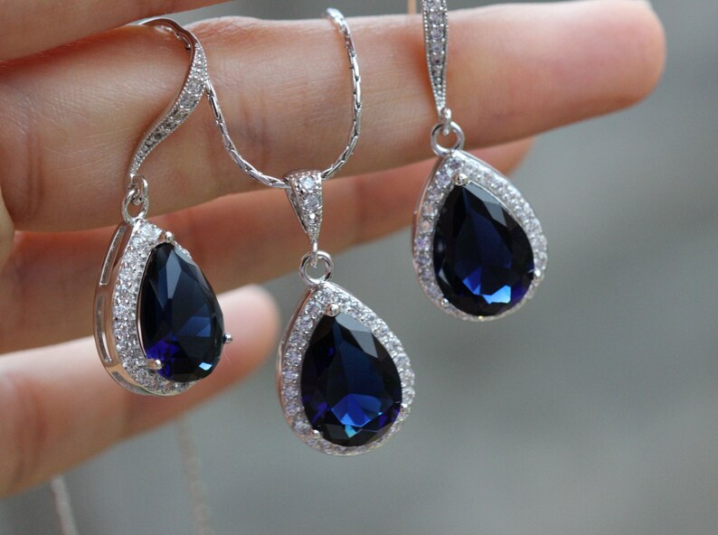 Dark Sapphire Jewelry Set Drop Sapphire Bridesmaid Set Etsy