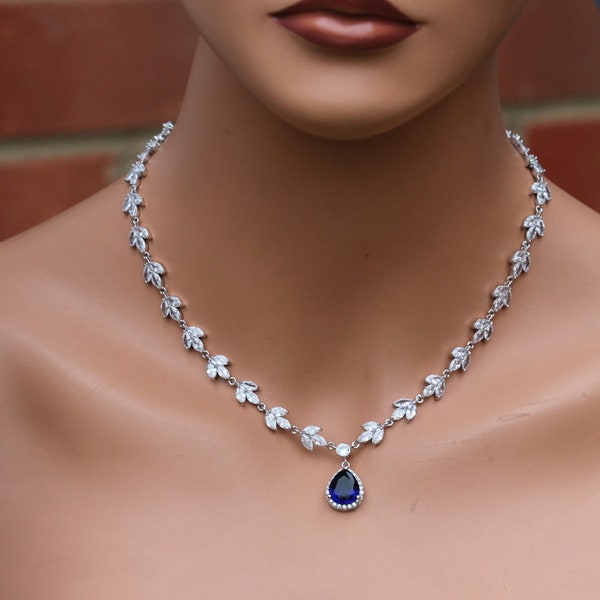 bridal necklace clear wedding necklace  crystal necklace blue bridal necklace prom necklace somting blue necklace necklace for bride