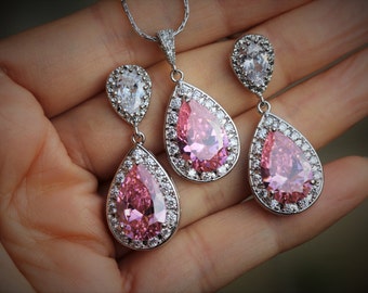 pink jewelry set pink bridal jewelry set pink bridal earrings pink necklace wedding jewelry set bridesmaid set