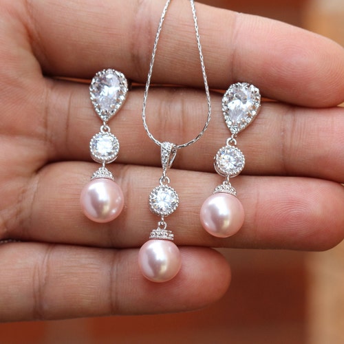 Pink Bridal Set Pink Pearl Bridal Jewelry Pearl Bridal Jewelry Etsy