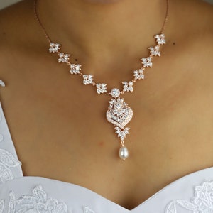 Rose gold necklace bridal necklace wedding necklace bridal jewelry wedding jewelry zirconia necklace image 1