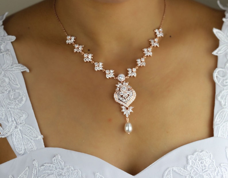 Rose gold necklace bridal necklace wedding necklace bridal jewelry wedding jewelry zirconia necklace image 1