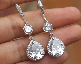 cz drop bridal earring , double stone wedding earring , bridesmaid drop earring