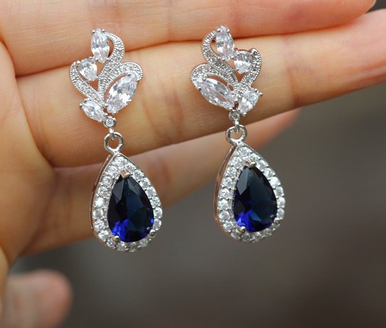 Cz Earring Blue Bridal Earring Sapphire Earring Dark Blue - Etsy