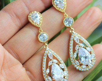 long gold bridal earring gold wedding earrings gold bridal jewelry gold wedding jewelry wedding earrings zirconia gold earrings drop earring