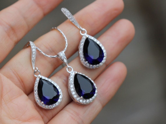 Dark Sapphire Jewelry Set Drop Sapphire Bridesmaid Set Sapphire Earring and Necklace Etsy