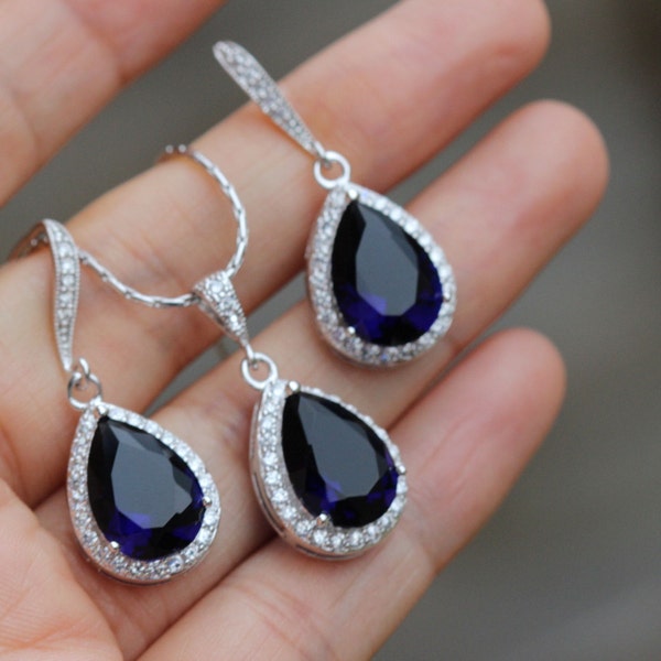 dark sapphire jewelry set , drop sapphire bridesmaid set , sapphire earring and necklace