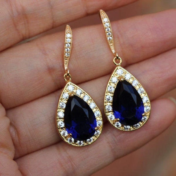 gold blue earring sapphire earring bridal blue jewelry