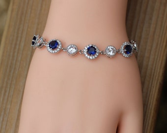 silver sapphire bracelet , blue cz bracelet , bridesmaid bracelet , blue bracelet