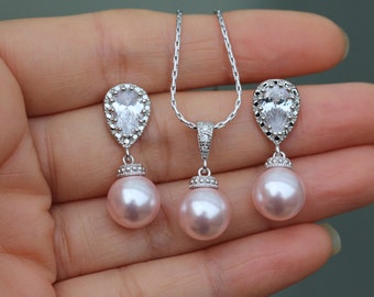 blush pink pearl set pink jewelry set bridal pearl jewelry set bridesmaid jewelry wedding pink jewelry