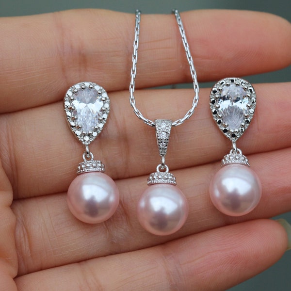 blush pink pearl set pink jewelry set bridal pearl jewelry set bridesmaid jewelry wedding pink jewelry