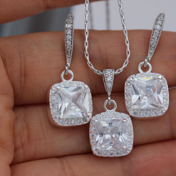 Cushion Cut jewelry set , bridal jewelry set , wedding jewelry set , square earring