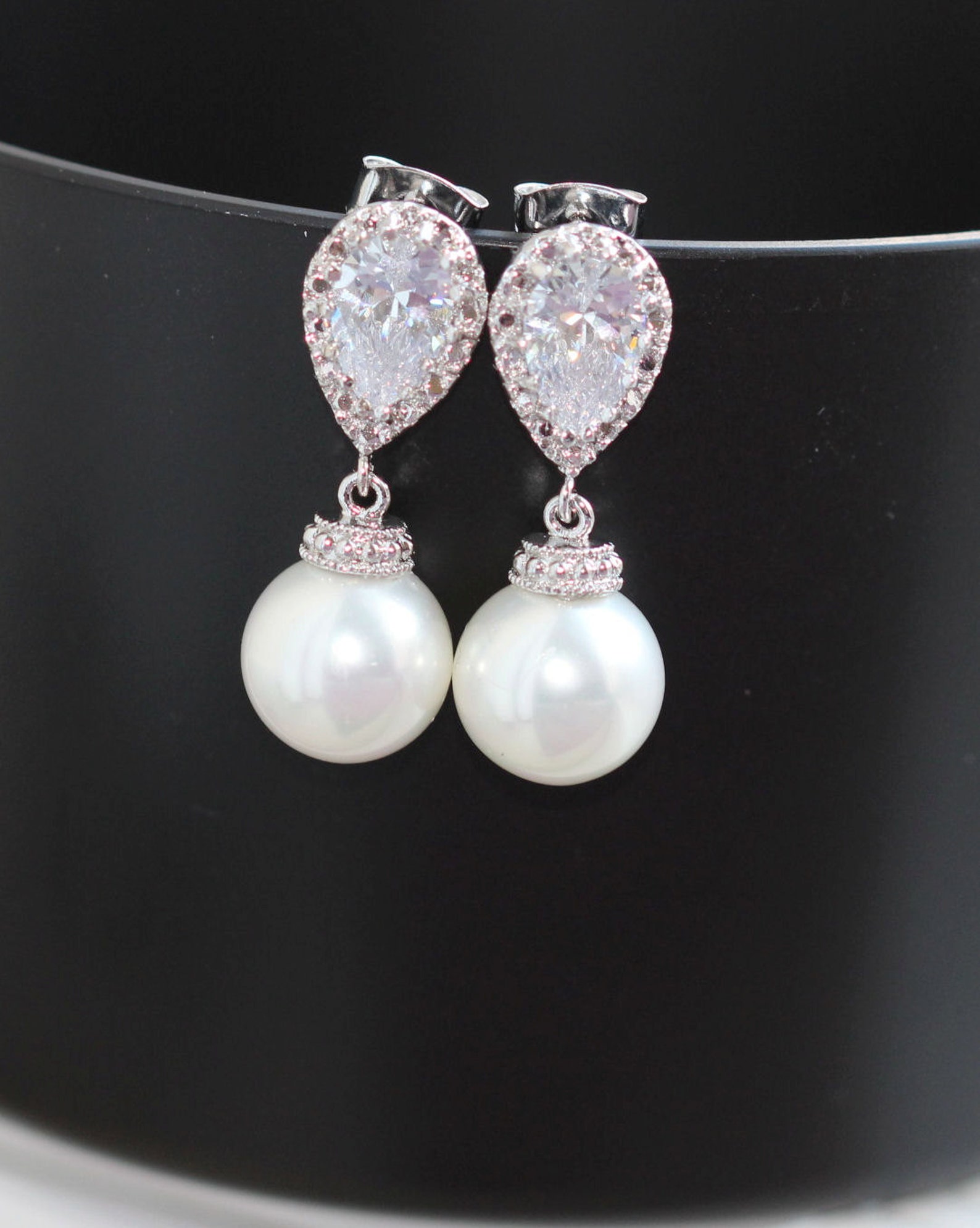 Zirconia Post Pearl Earrings Bridal Pearl Earring Pearl Drop Etsy