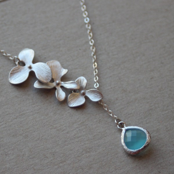 Aqua Blue Necklace ,  Aqua Blue  orchid Necklace , cascade orchid necklace