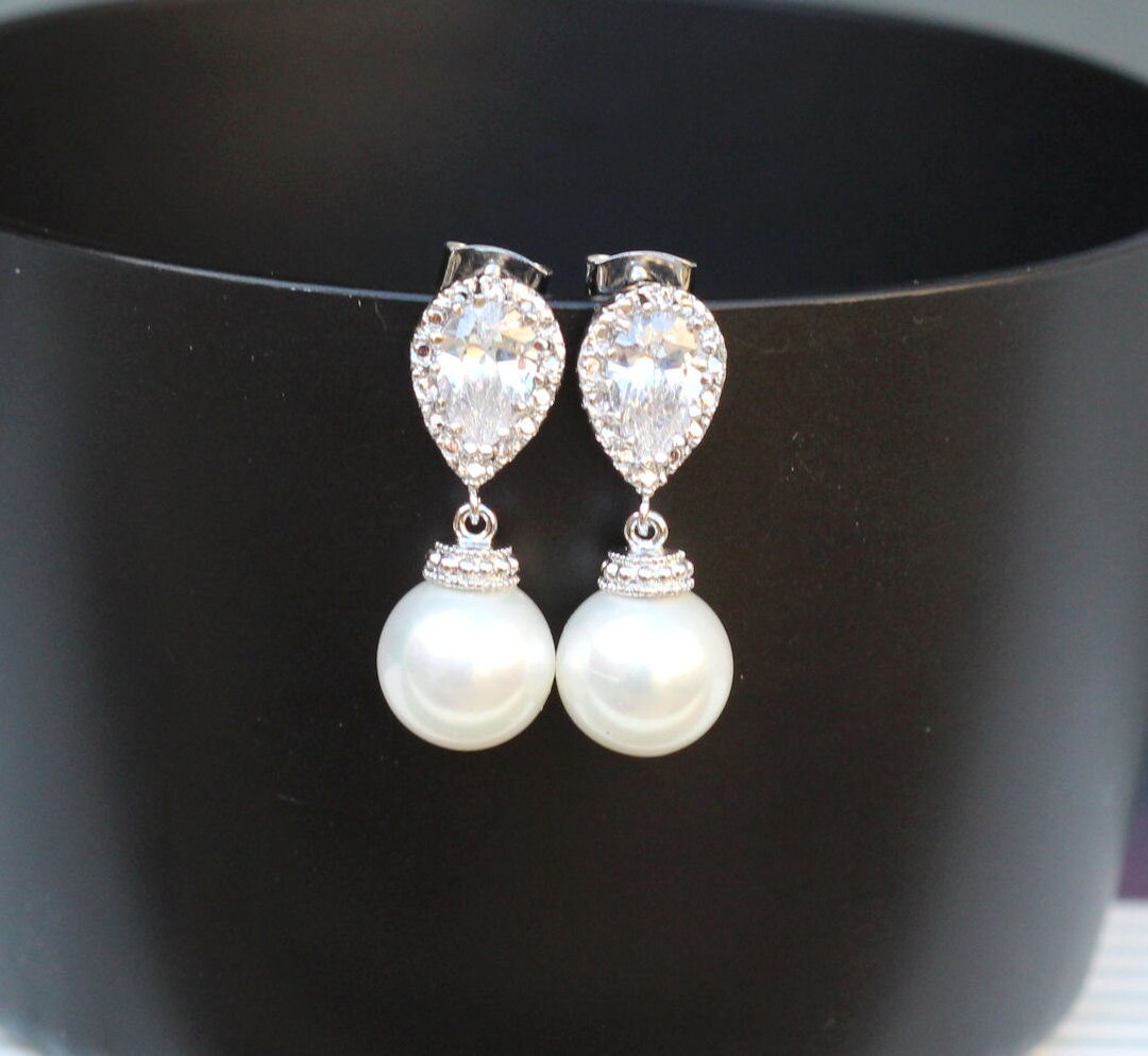 Zirconia Post Pearl Earrings Bridal Pearl Earring Pearl Drop - Etsy