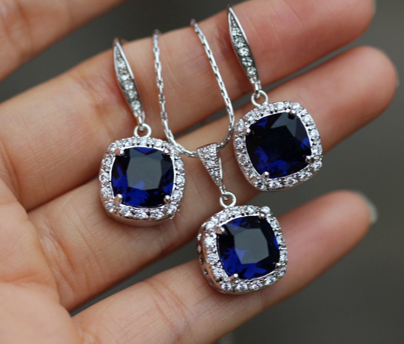 sapphire blue bridal jewelry set earring necklace set blue jewelry set wedding jewelry image 1