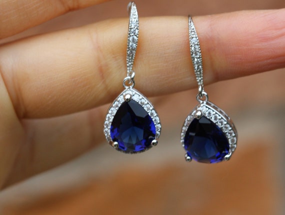 dark sapphire blue earring cz sapphire earring drop wedding earring blue bridesmaid earring Jewellery Earrings Dangle & Drop Earrings 
