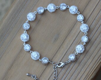 round cz bridal bracelet , clear wedding bracelet , bridesmaid bracelet