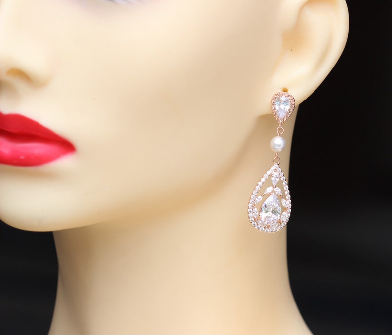 rose gold bridal jewelry crystal bridal earring rose gold earring wedding long earring pearl rose gold earring