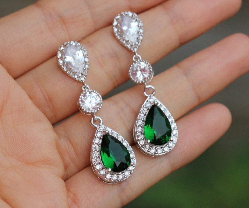 Emerald Green Earring Dangle Wedding Earrings Wedding Jewelry Etsy