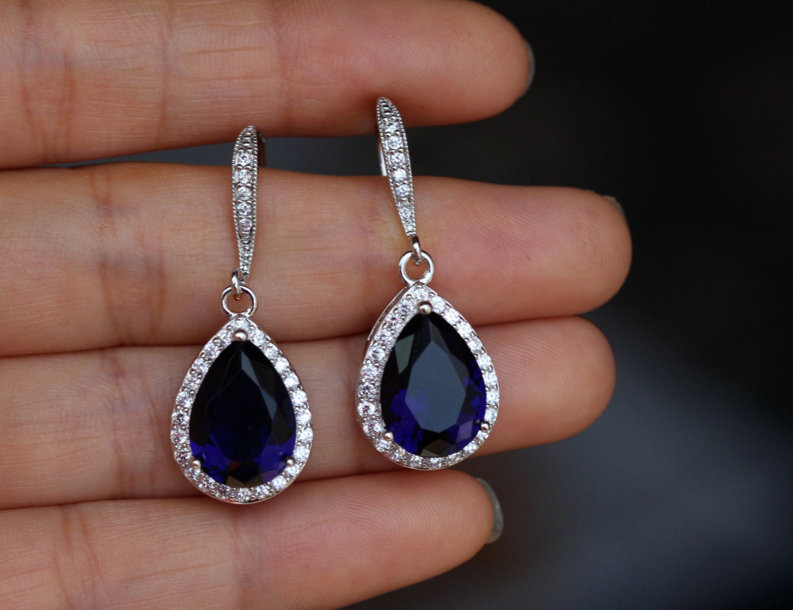 Dark Sapphire Blue Earring Cz Sapphire Earring Drop - Etsy