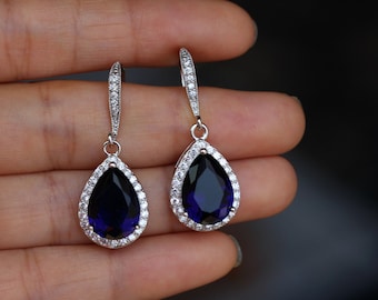 dark sapphire blue earring , cz sapphire earring , drop wedding earring , blue bridesmaid earring