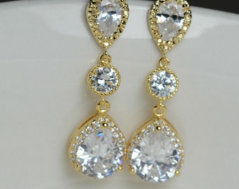 gold clear bridal earrings , wedding earrings , tear drop earring , clear earring