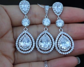 silver necklace earring set bridal jewelry set wedding set earring necklace set bridesmaid jewelry set