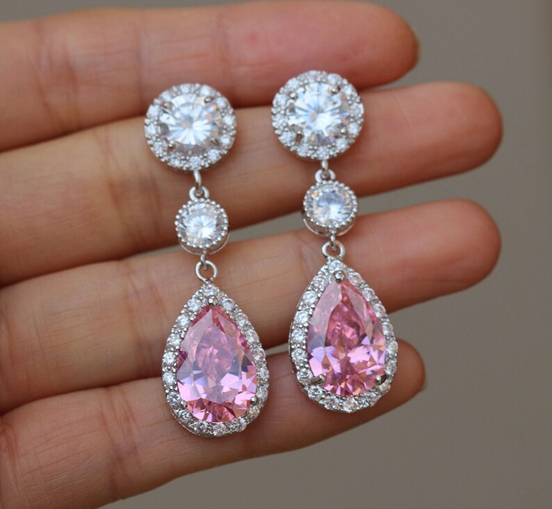Long bridal pink earring wedding pink earring bridal jewelry Etsy
