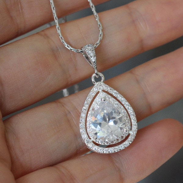 cubic zirconia necklace , wedding drop necklace , bridesmaid necklace , bridal necklace