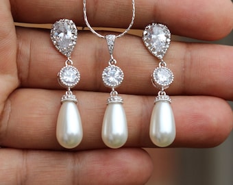 white pearl wedding jewelry drop pearl jewelry bridal jewelry set bridesmaid jewelry bridesmaid gift