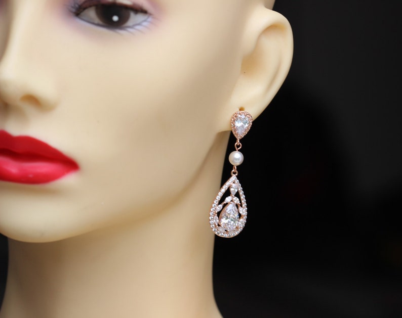 rose gold bridal jewelry crystal bridal earring rose gold earring wedding long earring pearl rose gold earring