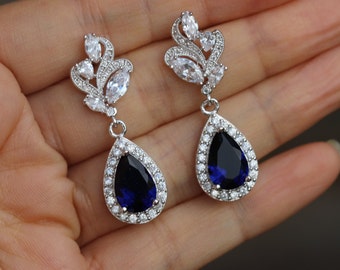 cz earring blue bridal earring sapphire earring dark blue earring bridesmaid earring