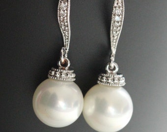 drop pearl earring , round pearl earring , bridesmaid earring , drop earring