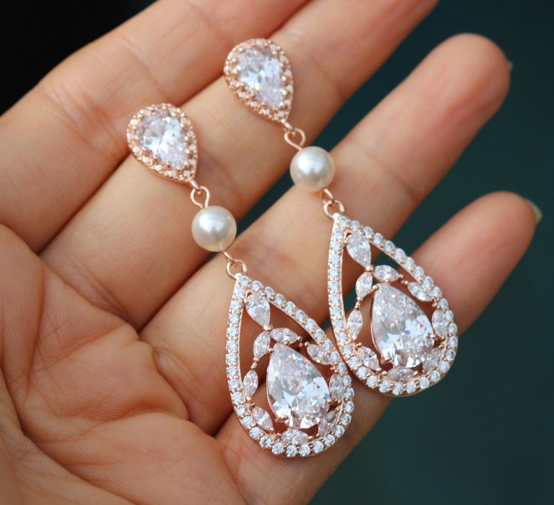 rose gold bridal jewelry crystal bridal earring rose gold earring wedding long earring pearl rose gold earring