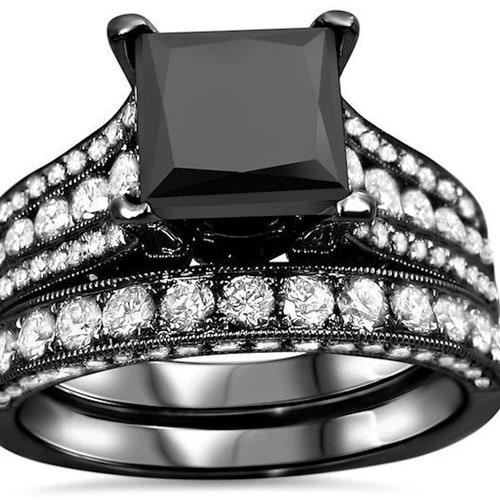 4.35ct Black Princess Cut Diamond Engagement Ring Wedding | Etsy