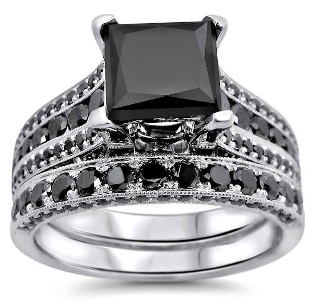 4.40ct Black Princess Cut Diamond Engagement Ring Bridal Set - Etsy
